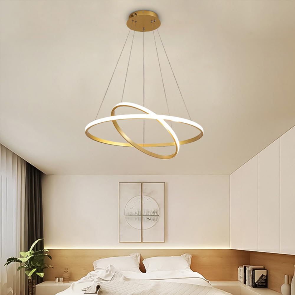 Lámpara Colgante LED, Moderna Colgante de Techo Altura Regulable 2 anillos Comedor Lamparas de Techo realizado Araña para Dormitorio salones Cocina Oficina mesa de comedor redondo Creativo (Dorado)