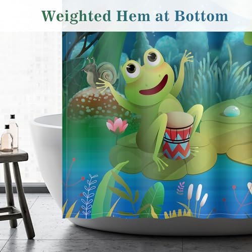 Image of Aimego Funny Frog Shower Curtain - Cute Cartoon Frogs Dragonfly Lotus Leaf Floral Pond Wildflower Moon Fun Bath Shower Curtain Set with 12 Hooks for Kids Adults Bathroom Decor Accessories,72 inchx72 inch
