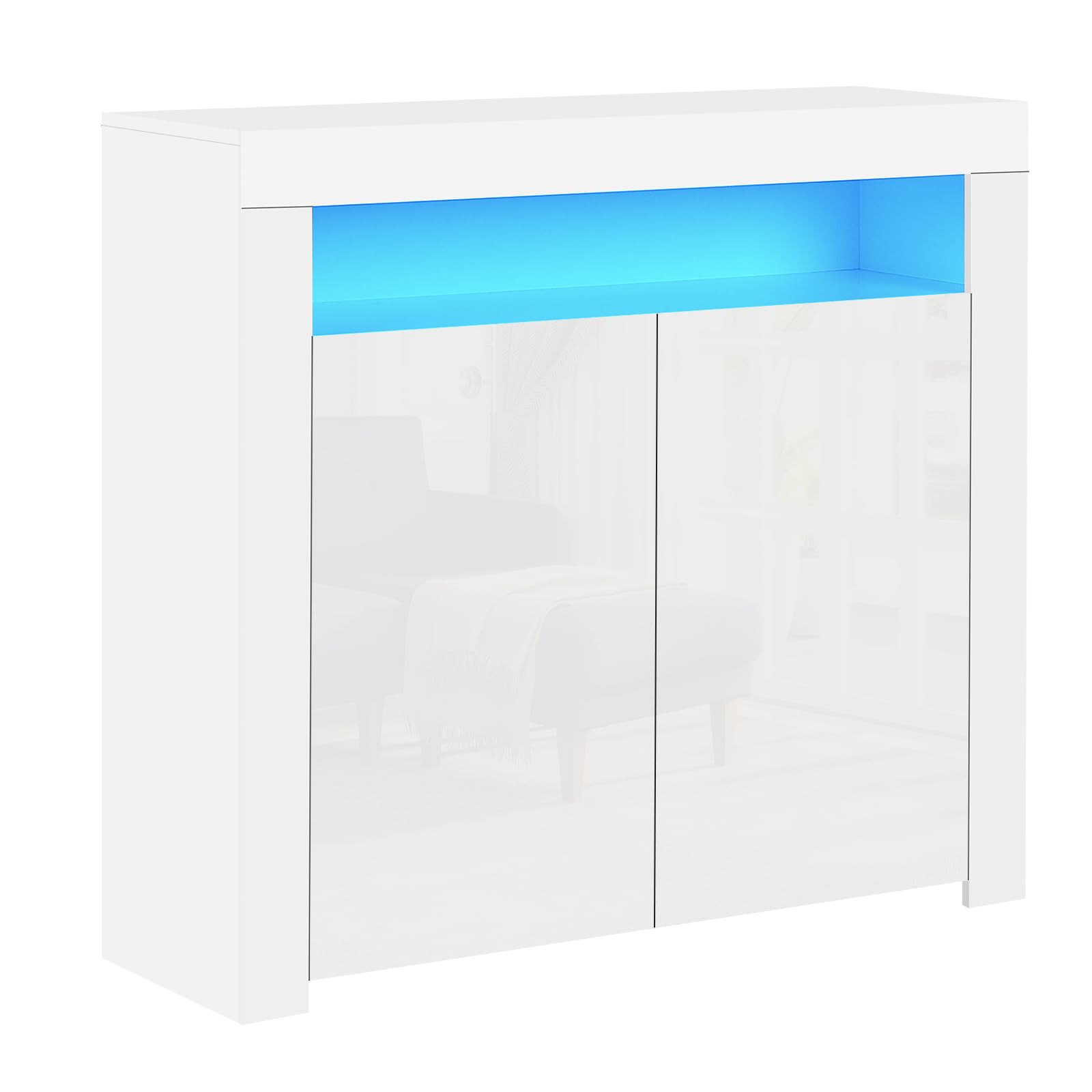 Panana High Gloss Front White 2 Doors Storage Sideboard Living Room Cupboard with LED Light in White Matt Body