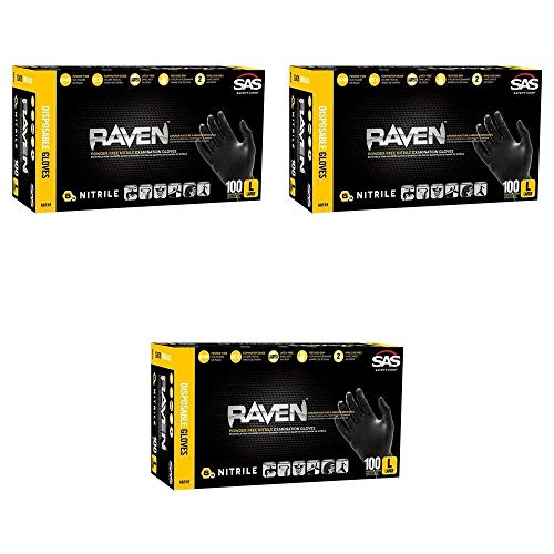 SAS Safety 66517 Raven Powder-Free Nitrile Disposable Glove, Medium, 6 mil Thick (Pack of 100) Pack of 3, Black