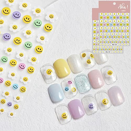 Flower Happy Face Nail Art Stickers Decals Cute Smile Flowers Face Nail Art Sticker 3D Self Adhesive DIY Design Fashion Trend Glamour Decoration Accessories for Ladies Girls Kids (2 Sheets)
