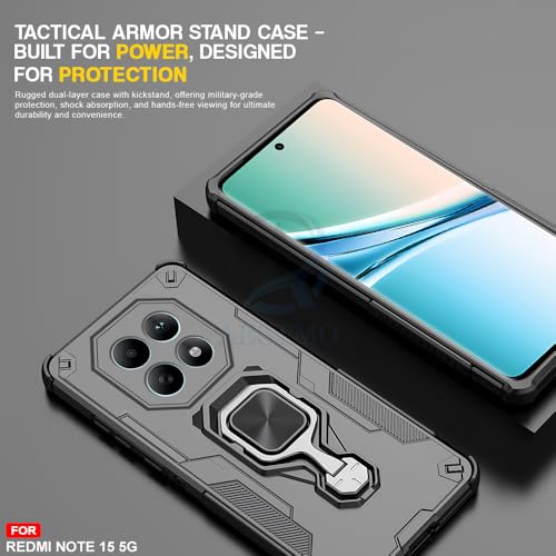 Image of AESTMO Armor Back Cover for Redmi Note 15 5G / Redmi Note 15 SE 5G / Poco M8 5G | Ring Holder & Kickstand & Camera Protection in-Built | 360 Degree Protection Back Case Cover (Black)