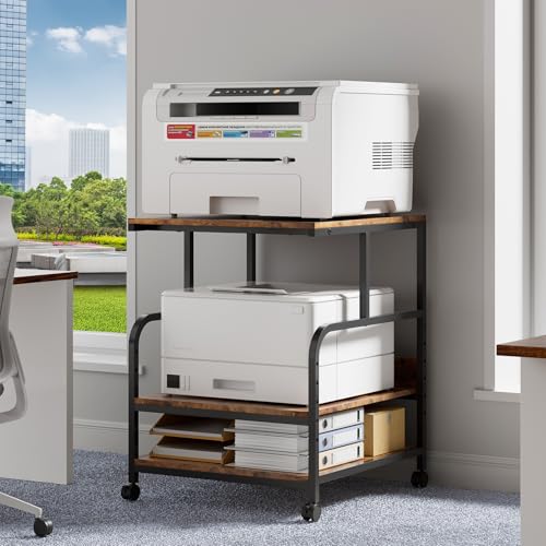 Image of Warmiehomy 24x24 inches Printer Stand with Adjustable Storage Shelf - Large Printer Table with Wheels - 3 Tier Rolling Cart - Use for 3D Laser Printer Mini Fridge Home Office (Brown)
