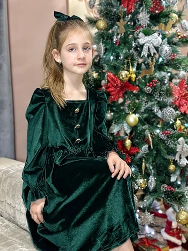 Rolanko Girls Velvet Fall Dress Square Neck Puff Long Sleeve Christmas Party Dress Kids with Pockets 5-12 Y2