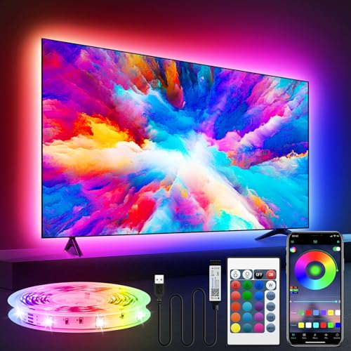 HOUHUI LED Strip Lights, 16.4Ft 150LEDs RGB LED Lights for 32-75 Inch TV Behind,Music Sync App Control TV LED Strip with Remote,USB Plug-in Bias LED Strips Lights for Bedroom Game Cabinet Desk Shelf