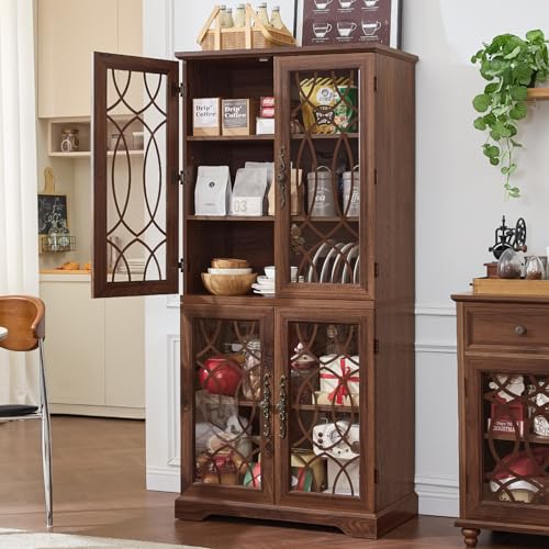 Joaxswe 67 Tall Pantry Cabinet Wood Kitchen Pantries Cabinets with Glass Doors & Adjustable Shelves Freestanding Vintage Cupboard with Large Storage for Dining Room Bathroom Brown