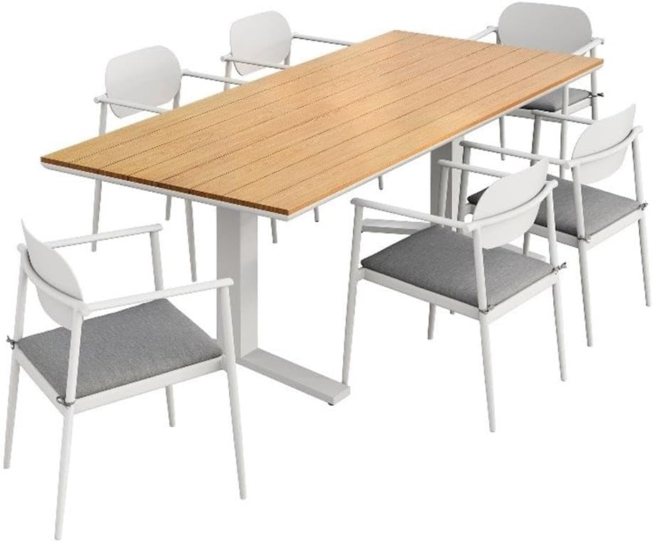 Modway Aeris 7-Piece Outdoor Patio Dining Set in White Light Gray – 91 Inch Rectangular Aluminum Dining Table with Slatted Faux Wood Top and Outdoor Chairs - Patio Dining Set for 6