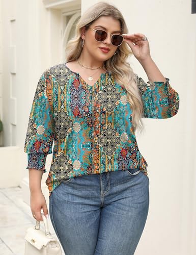 Rapbin Womens Plus Size Tops 3/4 Sleeve Blouses Shirts Casual V Neck Loose Tunic Tops 1X-5X