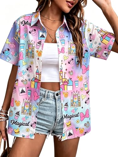 VILOVE マジカルシャツ 女性用 マジック ハワイアン シャツ プリンセス Tシャツ ファニー キャッスル グラフィック ファミリー バケーション ボタンアップ トップス, ピンク絞り染め, XX-Largeの商品画像（Amazon）
