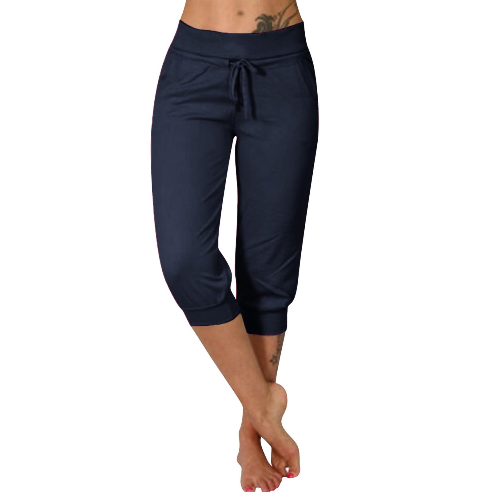 Pantaloni Capri da donna elasticizzati – Pantaloni sportivi da donna a 3/4, larghi al ginocchio, traspiranti, leggeri, per il fitness, vintage, estivi, a vita alta, in tessuto, comodi, per il tempo