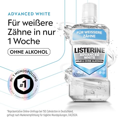 LISTERINE Advanced White Milder Geschmack 500 ml, Mundspülung zur Entfernung hartnäckiger Zahnverfärbungen, für weißere Zähne in nur 1 Woche, Mundwasser bekämpft wirksam Bakterien im Mundraum