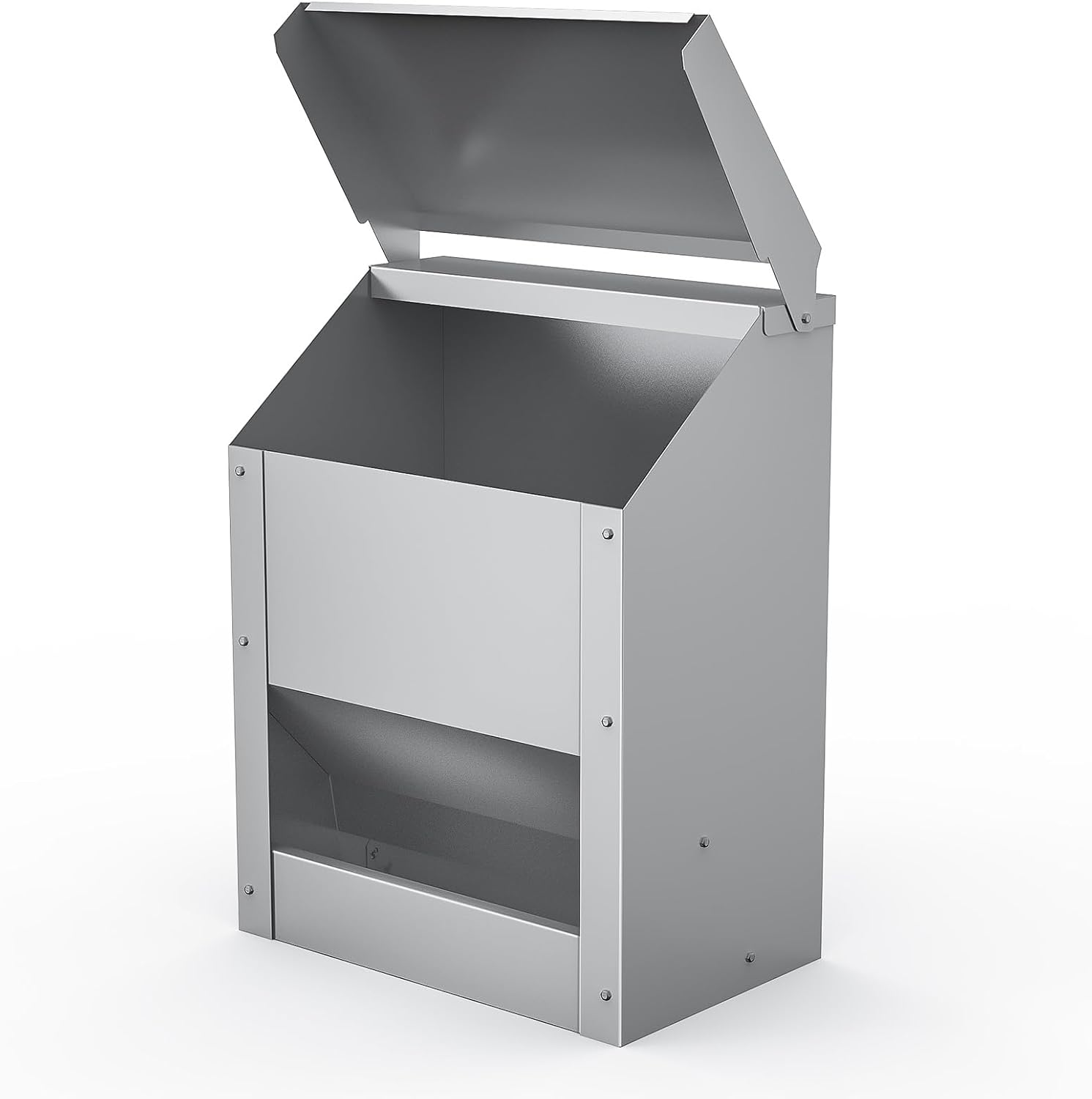 Stainless Steel Hanging Chicken Feeder with Lid No Waste Weatherproof Metal Automatic Poultry Feeder Wall Mount Outdoor Chicken Coop Food Dispenser Feeder for Chickens Ducks (25Lbs)