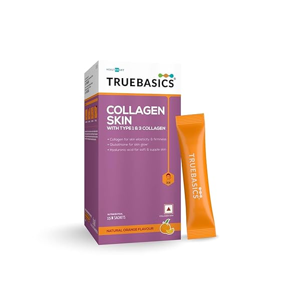 TrueBasics Collagen Skin with 2 Types of Collagen- Type 1 & 3, L-Glutathione, Biotin, Vitamin C & Vitamin E, for Anti-Ageing, Skin Firmness & Elasticity, Glowing Skin (Natural Orange, 15 Sachets)
