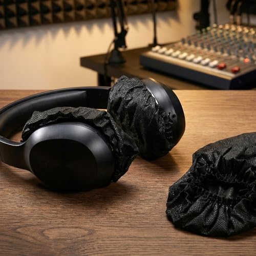 100 Piezas Protector desechable negro para auriculares, cubiertas de almohadilla de 11 cm elásticas de tela no tejida, cubiertas para auriculares para auriculares supraaurales y circumaurales miniatura 5