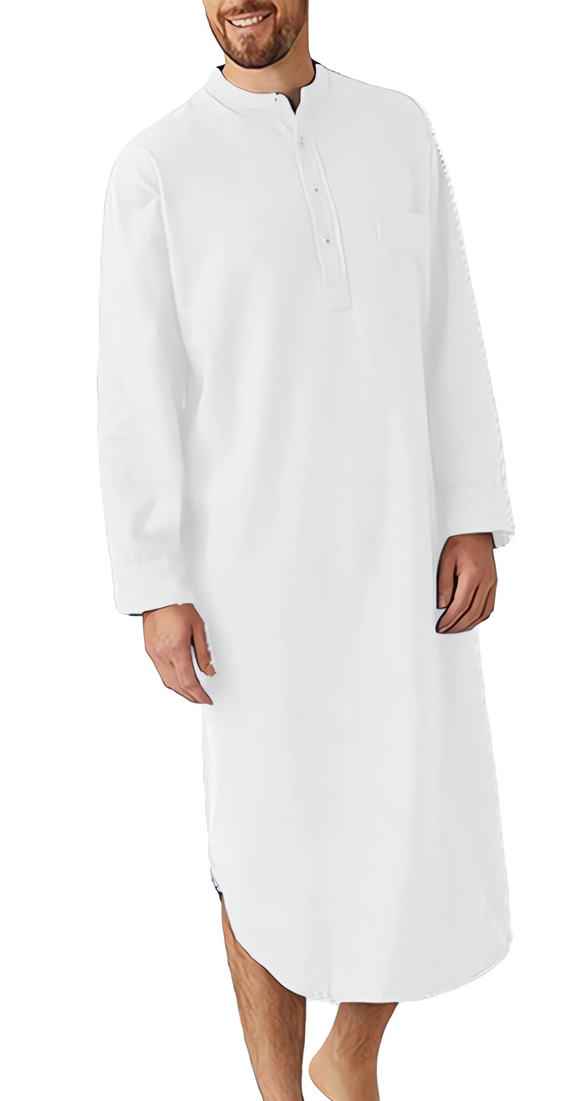 Herren-Kaftan-Thobe, langärmelige Henley-Hemden mit Knopfleiste, lässiges muslimisches Hemd aus Baumwollleinen, seitlich geschlitztes traditionelles muslimisches Kleid Kurta, ethnische Kleidung
