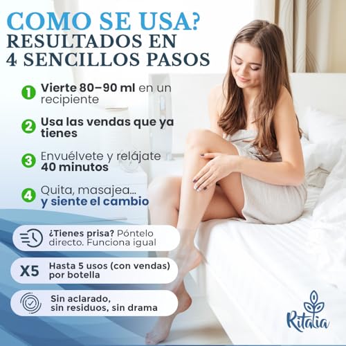 Vendas drenantes anticelulíticas Ritalia® con sal del Mar Muerto y principios activos 100 % VEGANOS – Tratamiento de vendaje anticelulítico reductor y reafirmante para piernas y glúteos - imagen 6