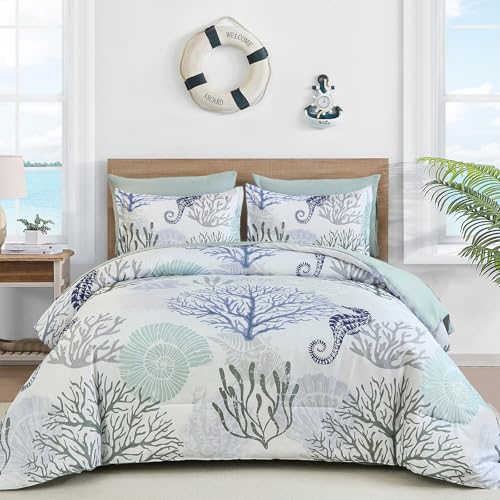 WONGS BEDDING Comforter Set King,Coastal Beach Theme Bedding Set, 7 Pieces Ocean Nautical Seaweed & Starfish Summer Bed in a Bag (104