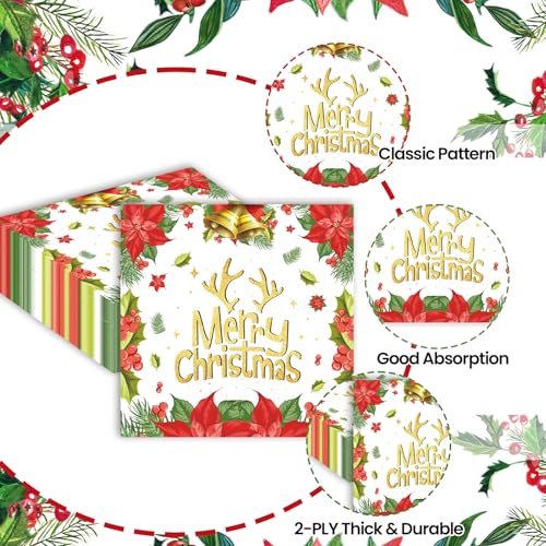 40 Pack Floral Christmas Napkins Disposable - 13x13 Inch unfolded Square Christmas Paper Napkins for Holiday Table Decor, Party Supplies and Dinner Decorations (6.5x6.5 Inch Folded) – Image 3