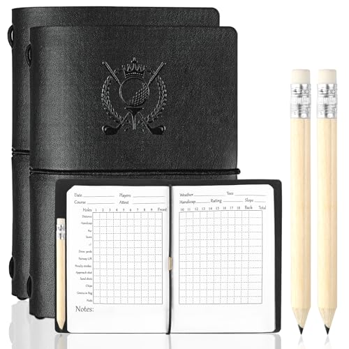 Archerest 2 Pack Golf Scorecard Book with Pencil, Waterproof Leather Golf Scorecard Notebook Log Journal Holder with Pages for Men Golfers, Sports and Outdoor Club Accessories, Black