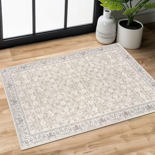 2x3 Grey Begie Washable Rug Soft Area Rug for Entryway, Non-Slip Indoor Door Mat Distressed Floral Low-Pile Kitchen Rugs, Neutral Vintage Carpet for Entrance Kitchen Bedside Farmhouse