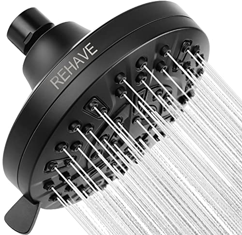 Shower Head, REHAVE Rainfall ShowerHead, 5.1 Inches High-Pressure with 63 Jets 8 Spray Modes - Replacement for Bathroom Shower Heads - Anti-Clogging Silicone Nozzles, Brass Angle-adjustable Ball Joint