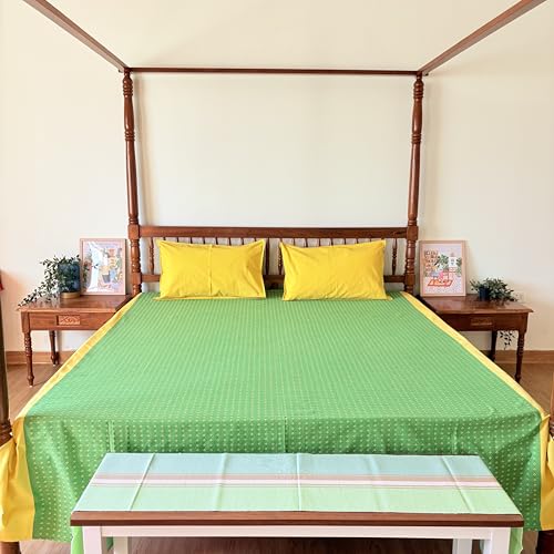 Image of RANGBHAR 100% Cotton Handloom Premium Bedsheet with 2 Pillow Covers, Hand Woven Striped Bed Covers, 200 Thread Count, Elegant Bedcover Flat Sheet, 90 X 100 inches - Green Yellow, 200 TC