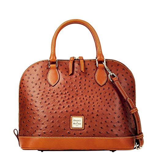 Dooney & bourke ostrich embossed leather zip zip satchel bag, tan