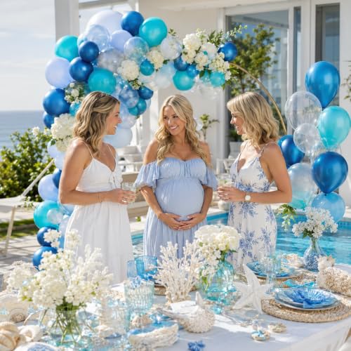 Image of Ocean Themed Party Balloons, 12 Inches Turquoise Teal Blue Clear Metallic Balloons for Ocean Shark Sea Themed Pool Party Baby Shower Birthday Beach Decorations