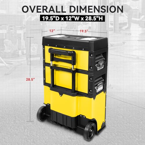 Image of Auto Dynasty 3-Tier Stackable Tool Box, 19.5 Inch 3-in-1 Rolling Tool Box with Wheels, Portable Steel and Plastic Rolling Upright Trolley Toolbox Organizer for Garage Workshop, 3-Piece Set, Yellow