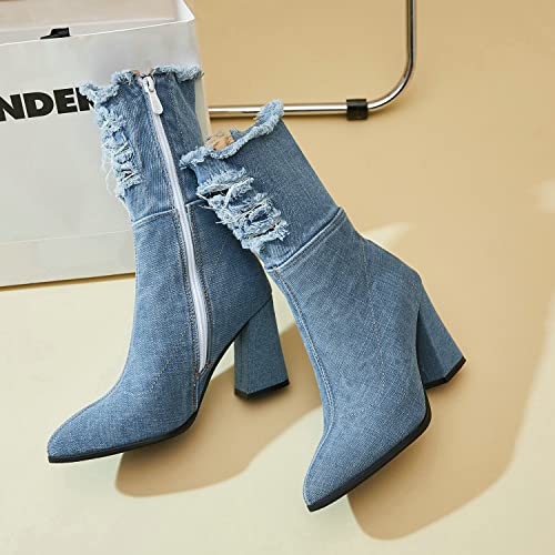 Agodor Women's Denim Ankle Boots Pointed Toe Chunky High Heel Booties with Zipper (US 8, short light blue)4