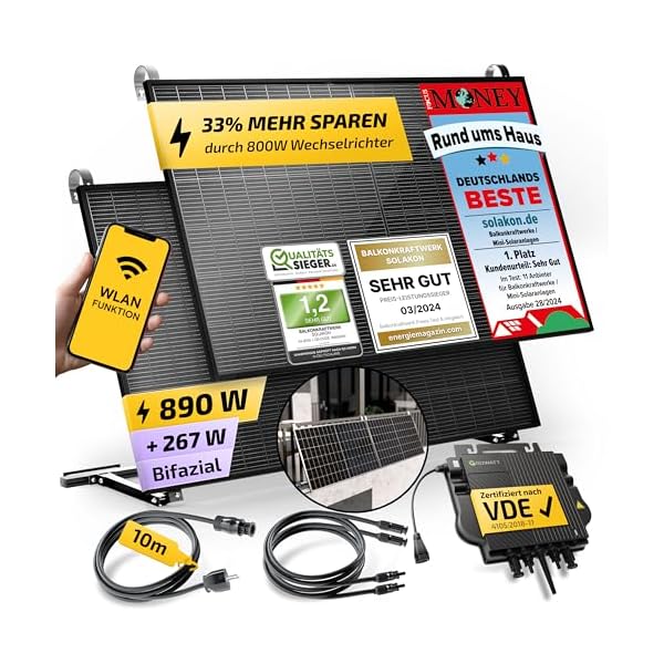 Solakon® 830W Balkonkraftwerk 800W komplett Steckdose - Balkonkraftwerk 800 Watt upgradebarer Wechselrichter 600W - Solaranlage Komplettset mit 415W Solarmodule