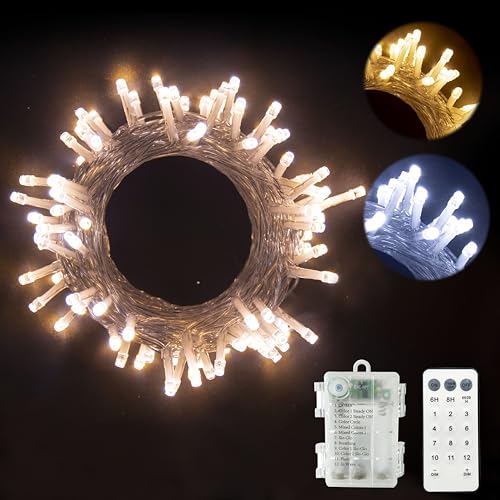 GHJ Luci a LED a batteria, con telecomando, antipioggia, luci scintillanti, doppio colore cangiante, bianco/caldo, per interni ed esterni, per albero di Natale, feste in giardino (bianco caldo, 200