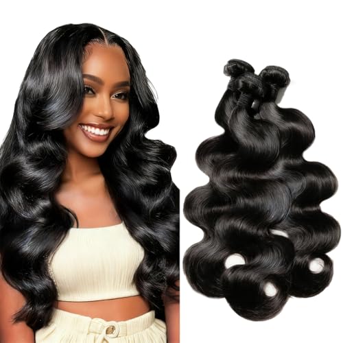 Body Wave Bundles Human Hair 16 18 20 Inch Human Hair Bundles 100% Unprocessed Brazilian Virgin Hair Weave Bundles Human Hair Extensions for Black Women Natural Color