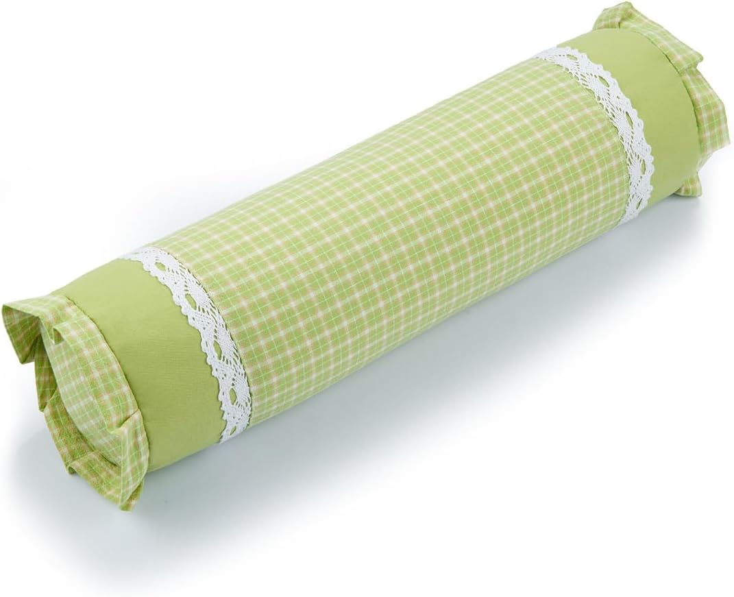 Buckwheat Neck Roll Pillow, Adjustable Bolster Cylinder Pillows with Plaid & Lace Trim Pillowcase, Firm Cervical Support Round Pillows Neck Pain Relief for Nap (16" x 4") (Green)