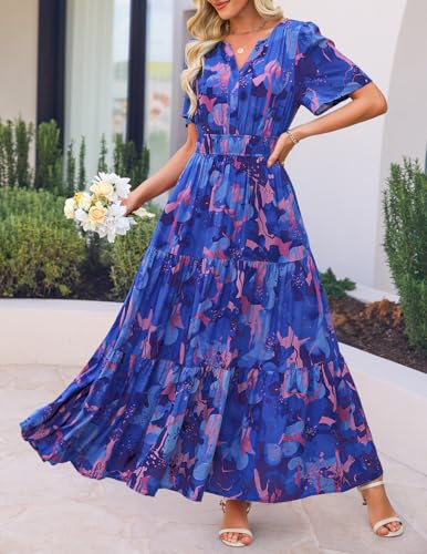 Image of ZESICA Women's 2026 Summer Spring Floral Boho Maxi Dresses Casual Short Sleeve V Neck A Line Flowy Beach Vacation Dress