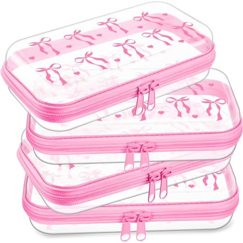 Image of Hoolerry 4 Pcs Pink Bow Clear Hard Zipper Case Cute Coquette Makeup Bags for Women Plastic Transparent Storage Pouch Toiletry Organizers for Travel, Cosmetics, Crafts, Nail Art Supplies