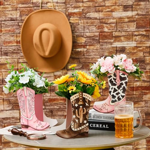 Image of 12 Set Western Boots Flower Boxes Centerpiece Boot Shape Gift Boxes Party Decoration Vase Centerpieces for Tables Boots Rodeo Birthday Baby Shower Supplies(Western Pink,Cowgirl Cow)