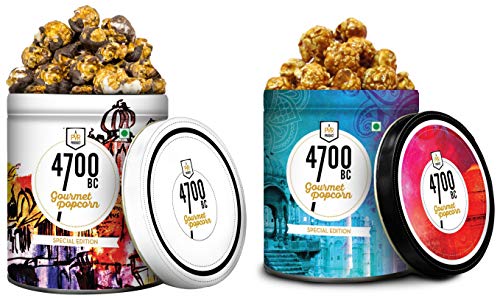 Image of 4700BC Gourmet Popcorn: Tiramisu Chocolate Tin, 135g & 4700BC Himalayan Salt Caramel Popcorn, Tin, 125g