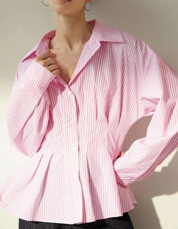 Image of Women's Pink Striped Button-Up Shirt with Cinched Waist Pleated Detailing Long Sleeves Collared Neckline Structured Feminine Casual Office Top - Pink