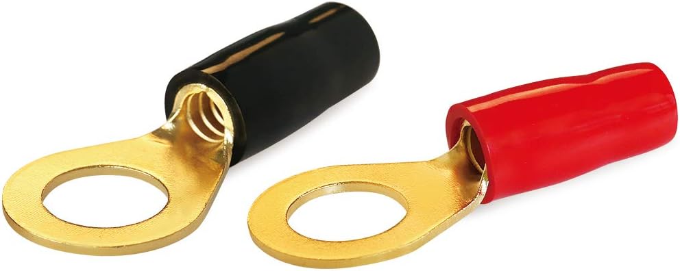 AIRIC 8 AWG Ring Terminal 3/8 inch Gold Plated Crimp Ring Terminals with Soft Boots Gold Wire Connectors Kit 8-Pack
