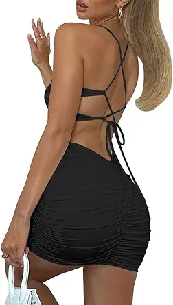 DAAWENXI Women's Sexy Backless Spaghetti Strap Sleeveless Ruched Bodycon Mini Club Dress