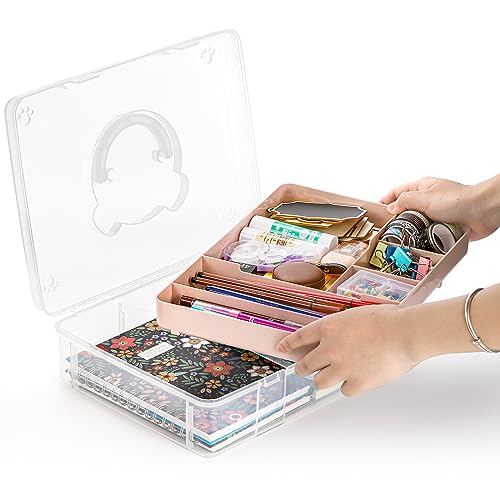 Image of Tosnail 12.8 inch x 9 inch Large 2 Tiers Plastic Craft Organizer Box Storage Container with Removable Tray, First Aid Carrying Case for Home, Office Supplies, Stationery, Sewing, Painting, Arts (Pink)