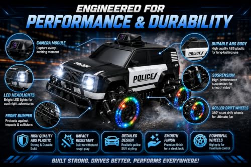 Image of 1:12 RC Police Stunt Drift Car with Camera, 2.4GHz Remote Control Car, LED Lights, Spray Mist, 360 Drift Wheels, USB Rechargeable 4WD Off-Road RC Car Toy for Kids Boys & Girls Age 6+