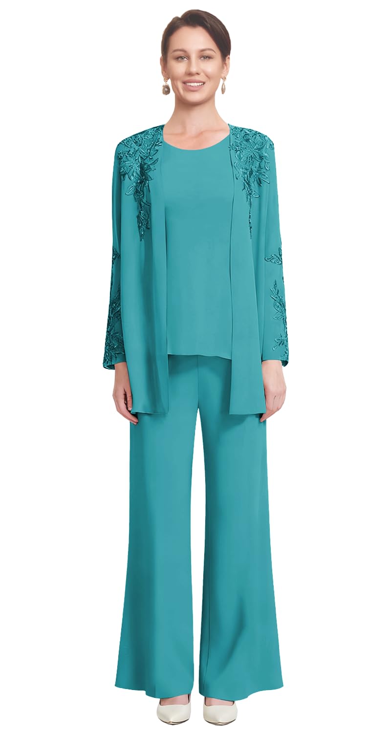3 Pieces Mother of The Bride Pant Suits with Jackets Appliques Chiffon Mother of The Groom Pant Suits