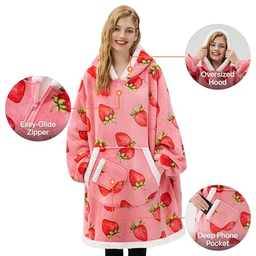 Image of Giggling Getup Wearable Blanket Hoodie for Adults Gifts for Teen Girls Sister Women Sherpa Fleece Printed Hooded Blanket Sweatshirt Warm Cozy with Pocket & Sleeves Pink Strawberry