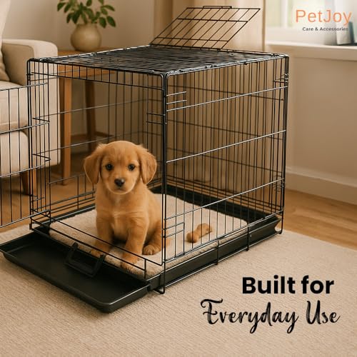 Image of PETJOY Foldable Metal Cage | 24 Inch Dog Crate Kennel for Puppies, Medium Dogs, Cats & Rabbits | Double Door with Secure Lock, Removable Leak-Proof Tray | Portable & Easy to Clean Pet Cage (Black)