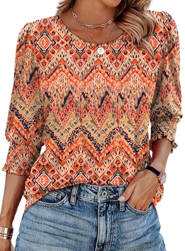 Image of XIEERDUO Blouses for Women Dressy Casual 3 /4 Length Sleeve Womens Tops with Smocked Cuffs