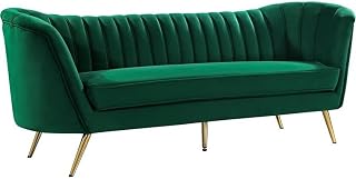 Meridian Furniture Margo Collection Modern | Contemporary Velvet Upholstered Sofa with Deep Channel Tufting and Rich Gold Stainless Steel Legs, Green, 88" W x 30" D x 33" H