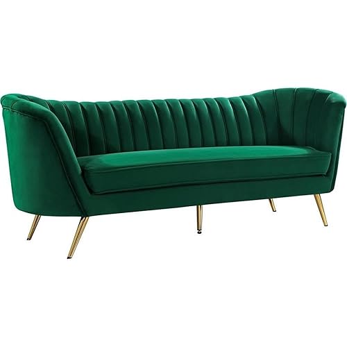 Meridian Furniture Margo Collection Modern | Contemporary Velvet Upholstered Sofa with Deep Channel Tufting and Rich Gold Stainless Steel Legs, Green, 88" W x 30" D x 33" H