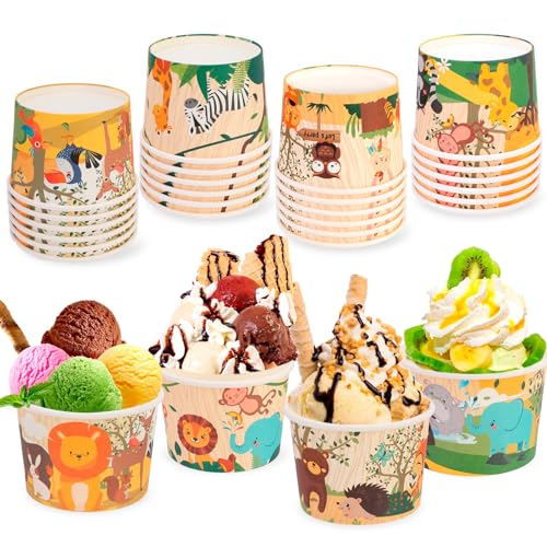 HOWAF 24pcs Summer Jungle Animal Ice Cream Bowls Safari Animal Party Supplies Disposable Treat Snack Cups Hawaiian Aloha Tropical 8 oz Paper Dessert Bowls for Birthday Party Decorations
